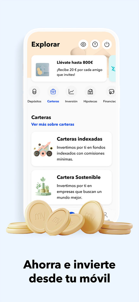 MyInvestor · Banco & Inversión - MyInvestorモバイルアプリのインターフェース。インデックスおよびサステナブル投資ポートフォリオと、手前にある金貨を表示。