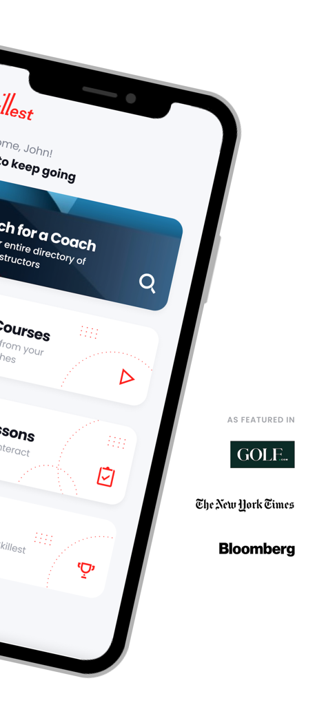 Skillest: #1 Sports Coaching - A mobile screen showing the Skillest app dashboard with sports coaching features and media mentions from Golf dot com and The New York Times.