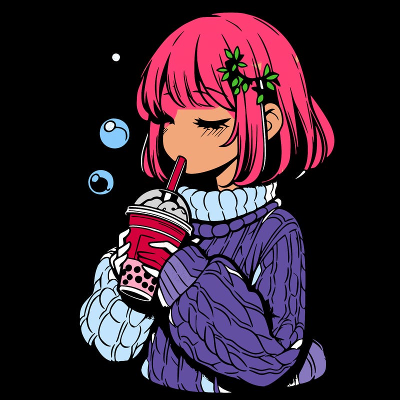 manga girl drinking boba in cozy sweater