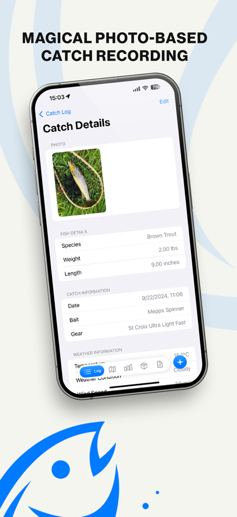 FishM - Fishing Log - FishM app screen displaying detailed catch information for a brown trout including photo and gear stats