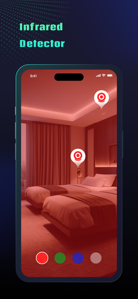 Spy Hidden Camera Detector+ - Infrared hidden camera detector app scanning a hotel bedroom with red filter and pinpoint icons