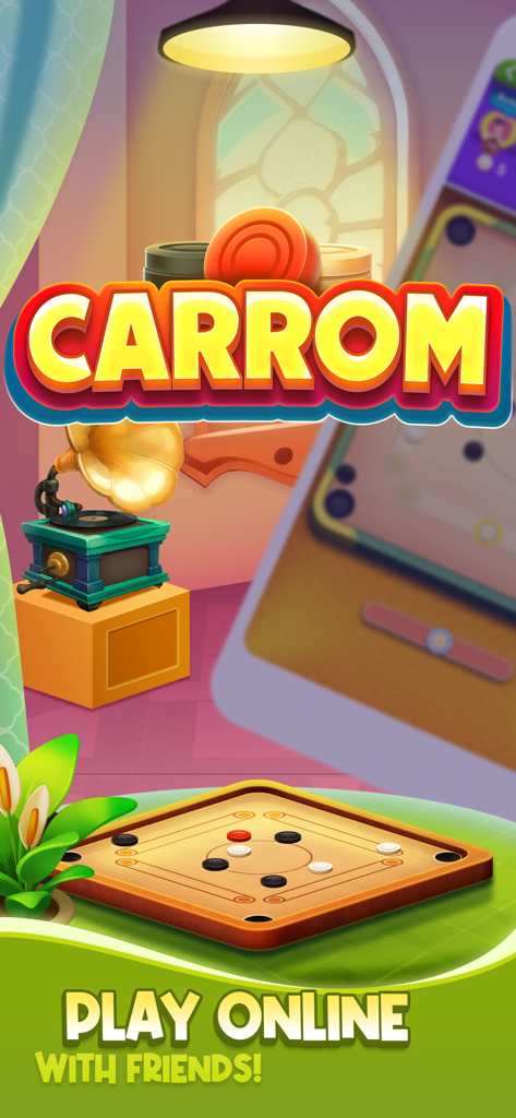 Carrom Clan mobile board game screen with text play online with friends