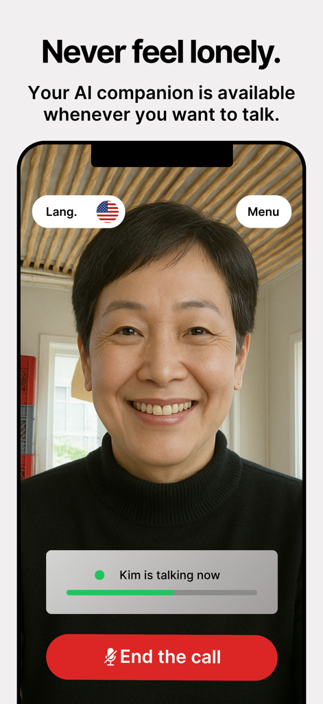 Amigo - Your AI Coach - Interface of Amigo AI Coach app showing a voice call session with a smiling woman.