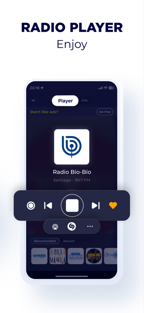 Radio Chile Live FM AM Online - Interface of the Radio Chile Live app playing Radio Bio Bio from Santiago with playback controls and song identification features.