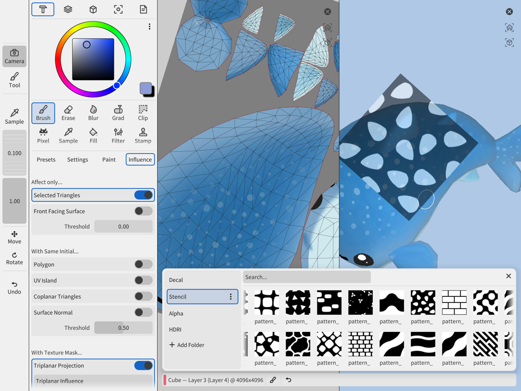 Wafer - 3D Texture Paint - La interfaz de la aplicación Wafer mostrando pintura de malla 3D junto a un diseño UV 2D y una biblioteca de patrones de plantillas