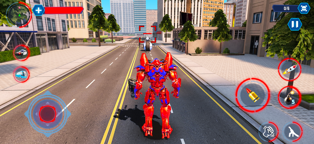 A red and blue robot hero standing in the middle of a city street in a third-person action game