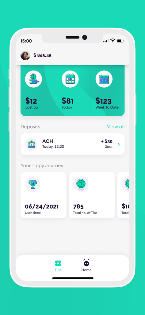 Tableau de bord de l'application Tippy montrant les résumés des pourboires et les statistiques des utilisateurs