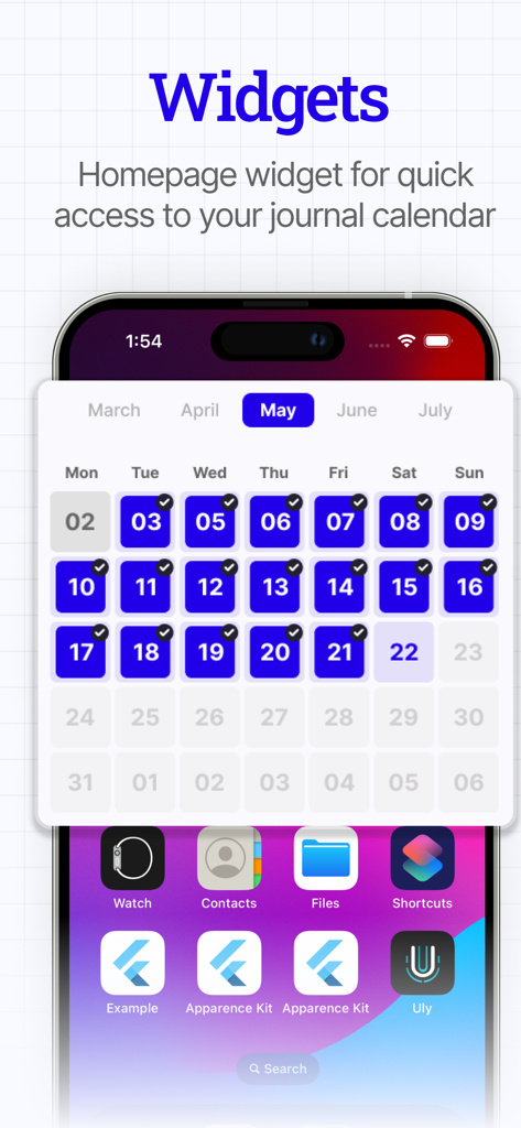 Daily Journal: ULY - iPhone home screen showing the ULY daily journal calendar widget for the month of May