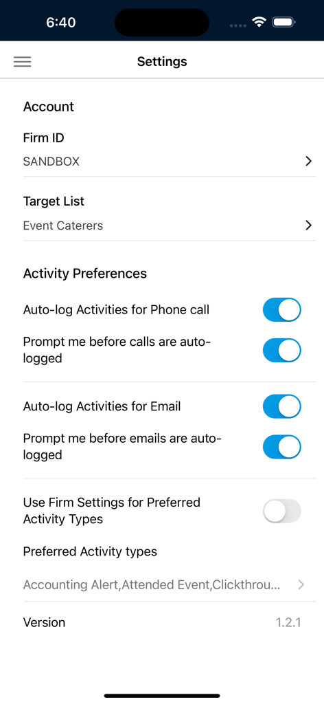 Settings menu of the InterAction+ mobile app showing activity logging preferences and account information