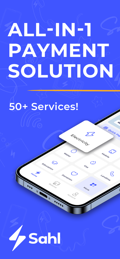 Sahl mobile app screen showing utility payment services for electricity water and gas