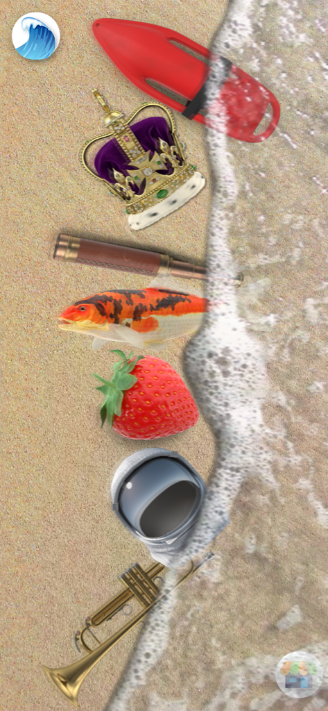 Sand Draw: Beach Wave Art Game - A variety of objects including a crown and a fish on a sandy beach with a realistic wave washing over them.