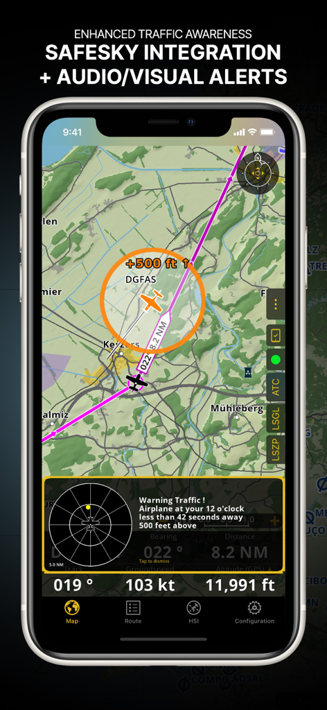Air Navigation Pro - Air Navigation Pro interface showing enhanced traffic awareness with Safesky integration and visual alerts