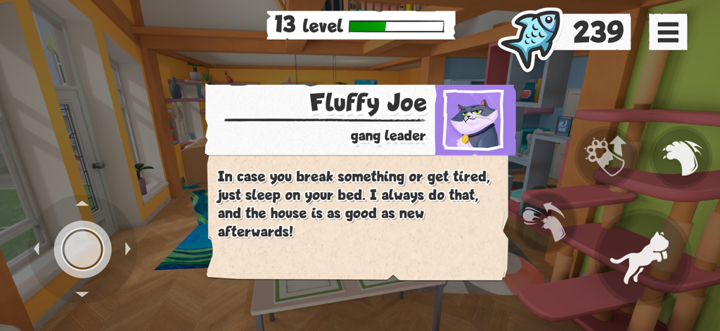 I Am Cat - A gameplay screenshot of I Am Cat showing a message from Fluffy Joe the cat gang leader providing tips on how to reset the house by sleeping