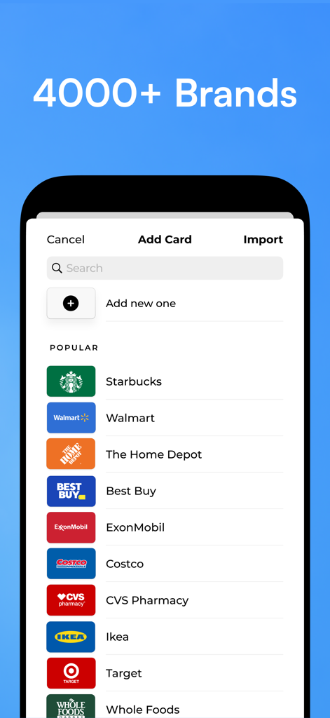 Keep Card - Loyalty Wallet - A screen from the Keep Card app showing a list of popular retail brands like Starbucks and Walmart to add to the digital wallet.