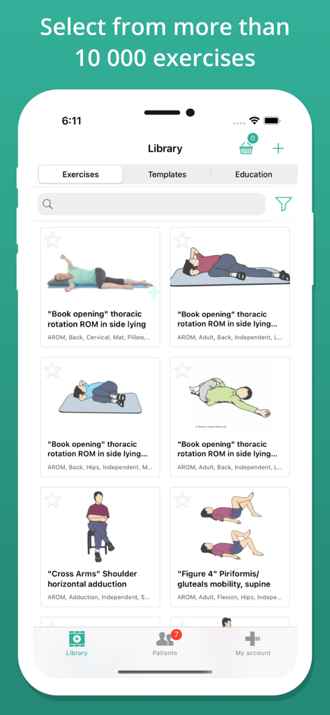 Physitrack - Interfaz de la aplicación móvil Physitrack que muestra una biblioteca de ejercicios de fisioterapia con ilustraciones instructivas.