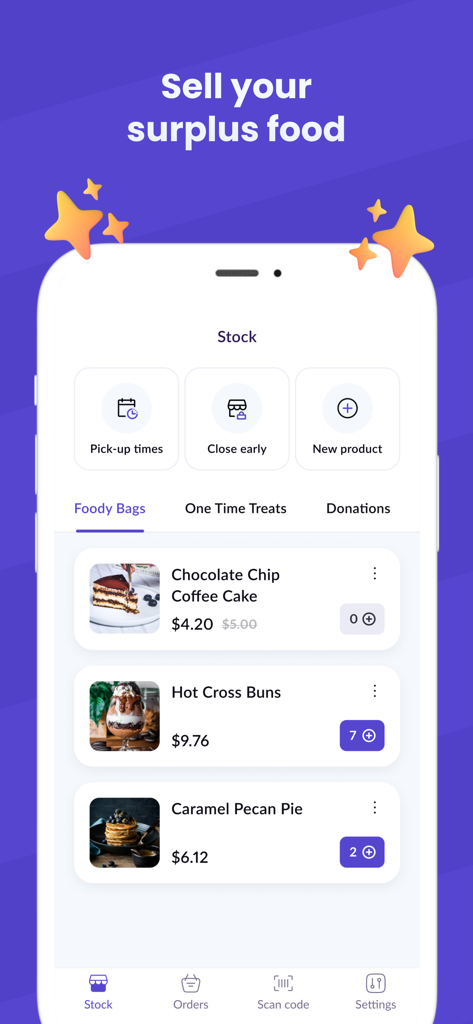 Interfaz de la App para Dueños de Tiendas Foody Bag mostrando listados de comida excedente como pastel y bollos en venta.