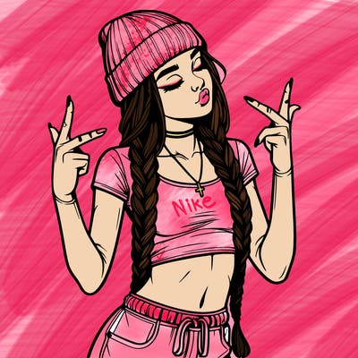 realistic teenage girl with braids and a beanie and crop top doing 🫶🏼