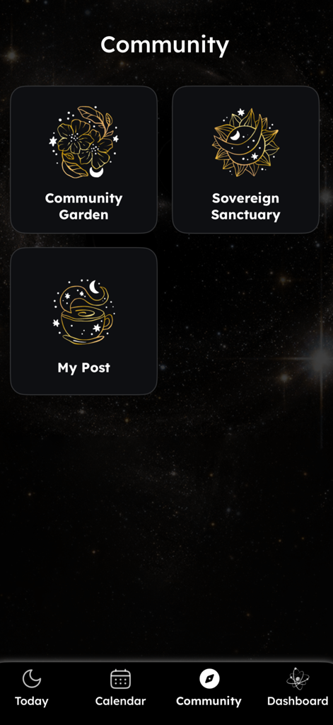 Section communauté de l'application Lightbody montrant les options pour Jardin Communautaire, Sanctuaire Souverain et Mon Message.