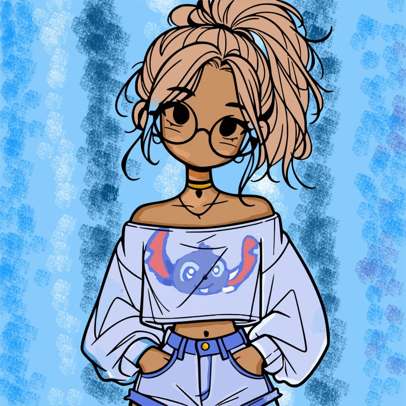 girl with a messy ponytail glasses a baggy crop top and jean shorts