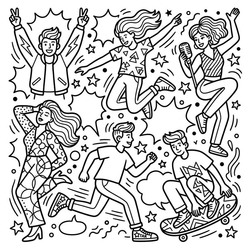 Dive into a world of energetic expression with this captivating Pop Art coloring page. Featuring dynamic figurative art, this design invites you to bring a cast of vibrant characters to life with your favorite colors.