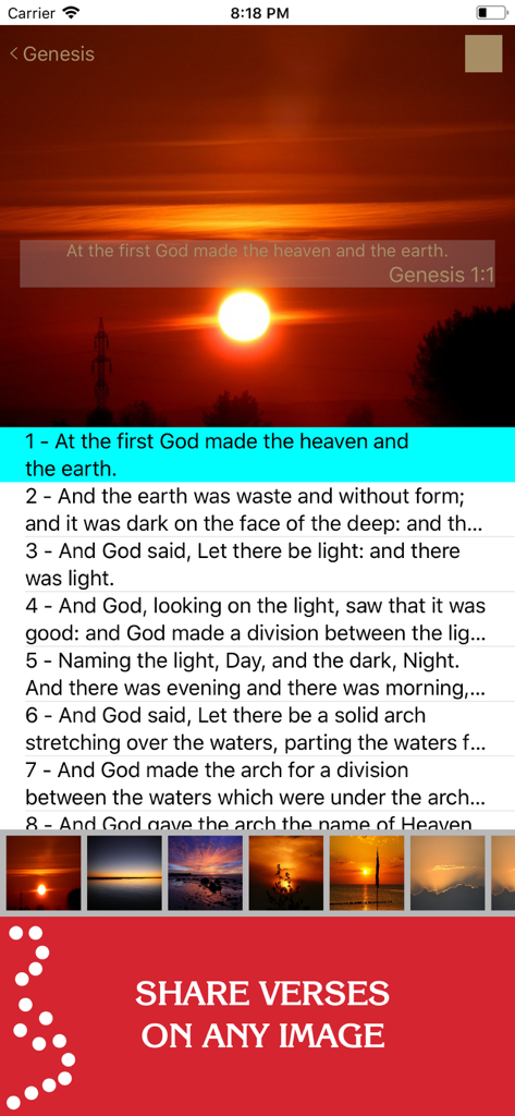 Interface of the New Testament KJV app showing the feature to share Bible verses on custom background images