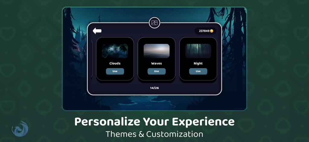 Whist Cards - Interfaccia dell'app Whist Cards che mostra vari temi di sfondo per la personalizzazione del gioco, inclusi Nuvole, Onde e Notte.