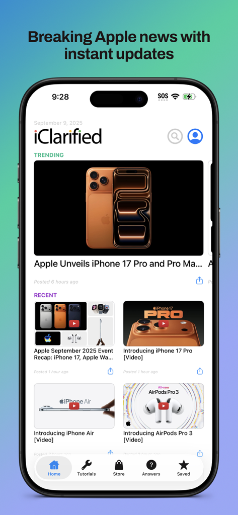 iClarified - iClarified app home screen featuring breaking Apple news and the latest product updates for iPhone and Mac