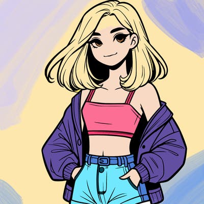 a realistic girl with a crop top and short shorts in an open jacket