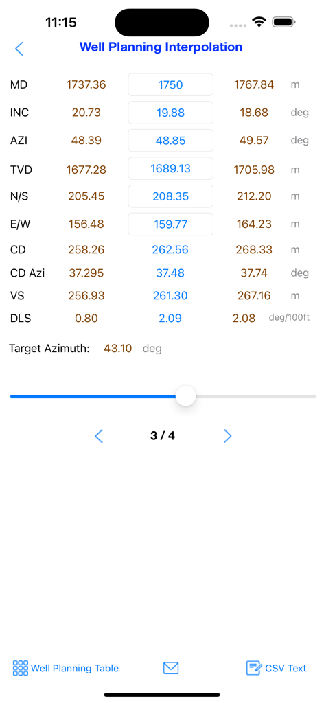 Directional Well Planning - A mobile interface showing well planning interpolation calculations with measured depth and inclination values