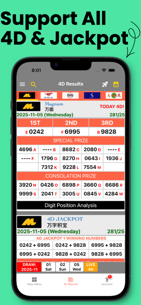Screen showing Live 4D lottery results with winning numbers and jackpot information