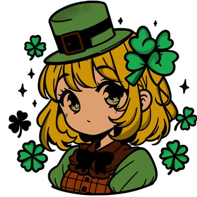 a manga-style girl with clovers around her, a little hat in her hair, like it's saint patrick's day