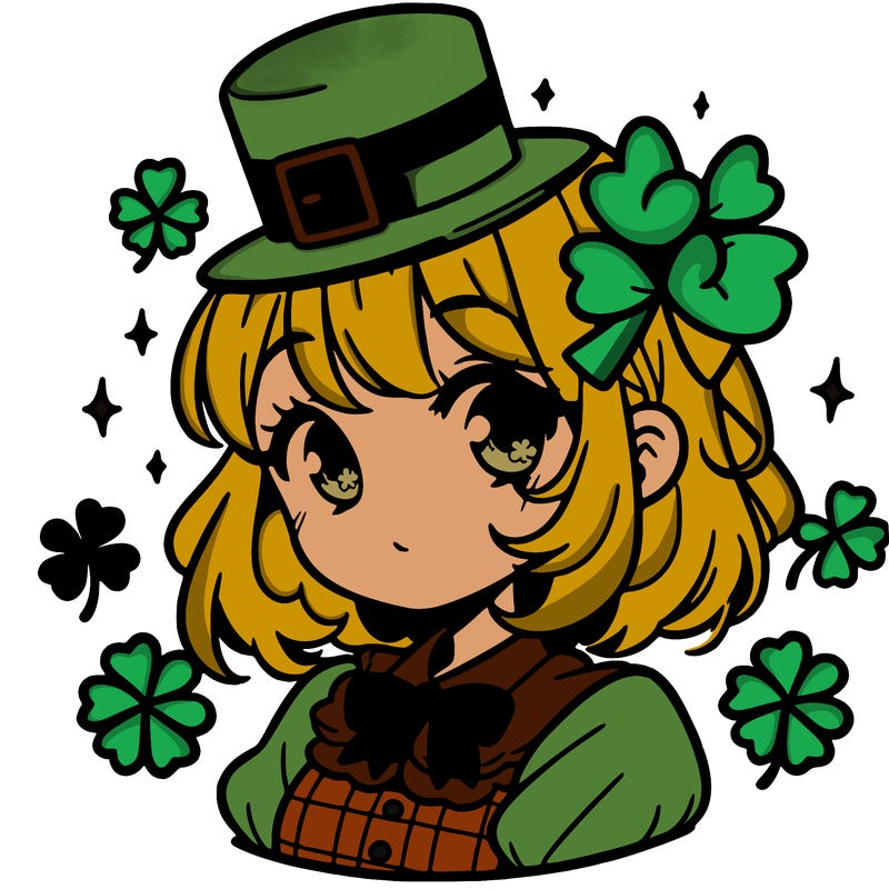 a manga-style girl with clovers around her, a little hat in her hair, like it's saint patrick's day