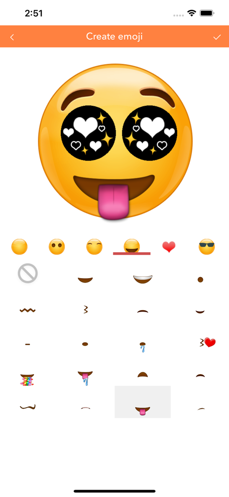 Mobile app interface for creating custom emojis with a heart eyed yellow face and various facial feature options