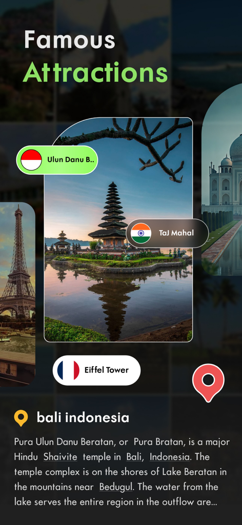 Street View Maps Live Earth 3D - Captura de pantalla de la aplicación que muestra atracciones mundiales famosas como la Torre Eiffel, el Taj Mahal y el templo Ulun Danu en Bali