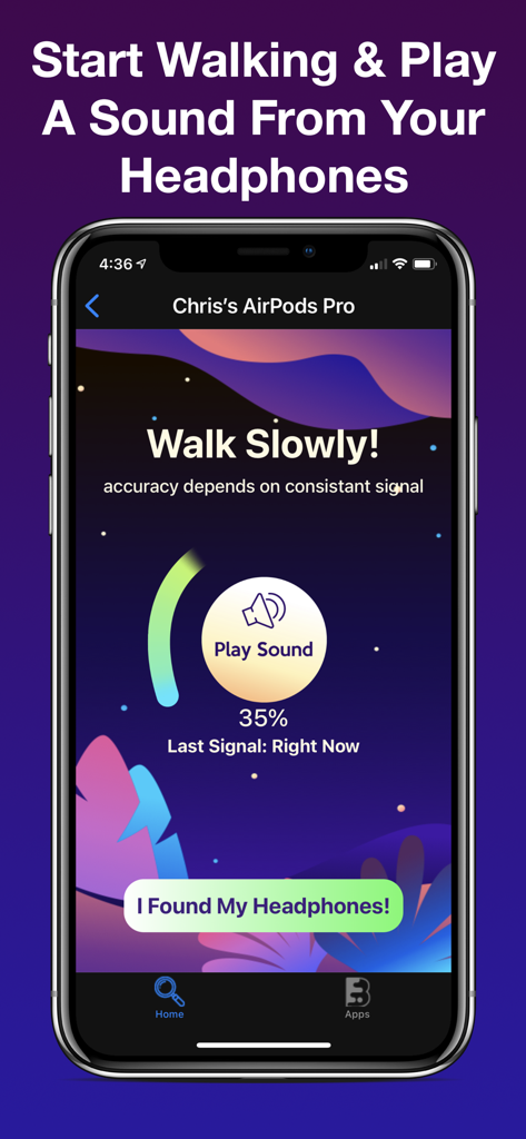 Finder For AirPod & Headphones - Smartphone app screen with a button to play sound from lost AirPods and instructions to walk slowly