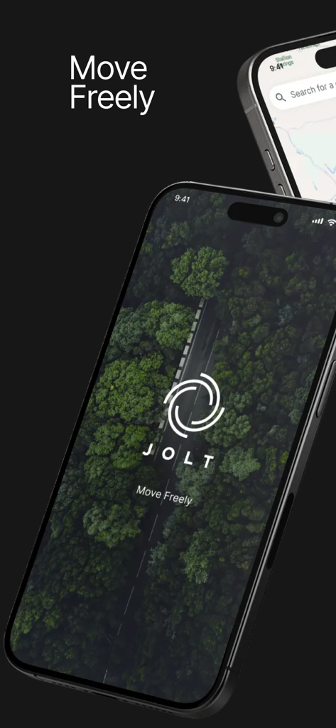 JOLT electric vehicle charging app interface showing the Move Freely slogan over a forest road background