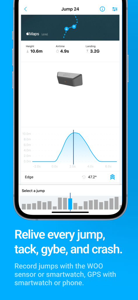 WOO Sports - Screenshot of WOO Sports app showing kiteboarding jump height and airtime data