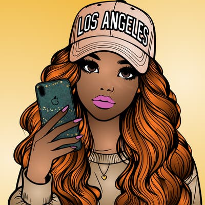 realistic beautiful girl wearing los ángeles cap holding an iphone