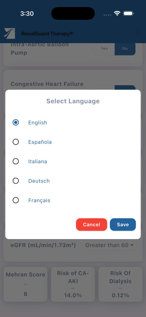RenalGuard® AKI Calculator - Language selection pop up menu in the RenalGuard AKI Calculator app
