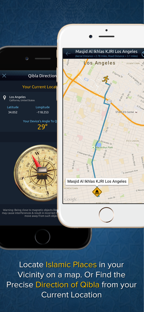 Muslim Mate Pro - Ramadan 2020 - Muslim Mate Pro app displaying the Qibla compass and a map for locating local mosques.