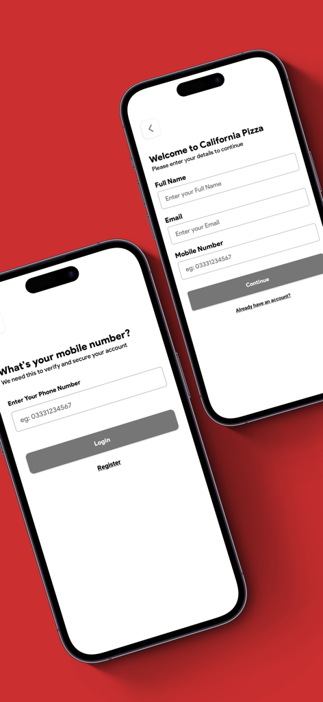 Schermate di accesso e registrazione per l'app mobile California Pizza PK