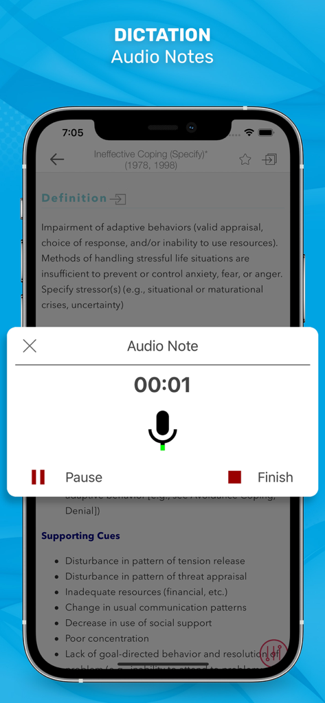 Audio dictation feature in the Manual of Nursing Diagnosis app for recording clinical voice notes.