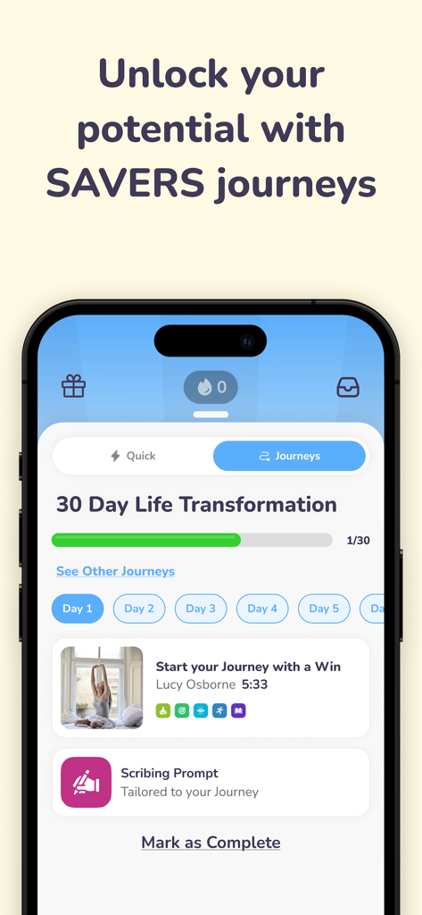 Miracle Morning Routine - SAVERSメソッドを使用した30日間の人生変革の旅を示すミラクルモーニングアプリのインターフェース