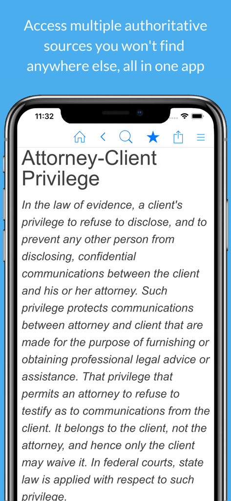 Legal Dictionary app interface displaying the definition for Attorney-Client Privilege on an iPhone screen.
