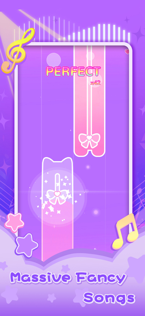 Dream Notes - Cute Music Game - Gameplay screen of Dream Notes showing cute pink piano tiles with bows and cat ears on a purple pastel background
