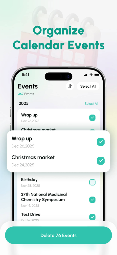 AI Cleaner app interface showing a list of calendar events with selection checkboxes and a button to delete multiple events.