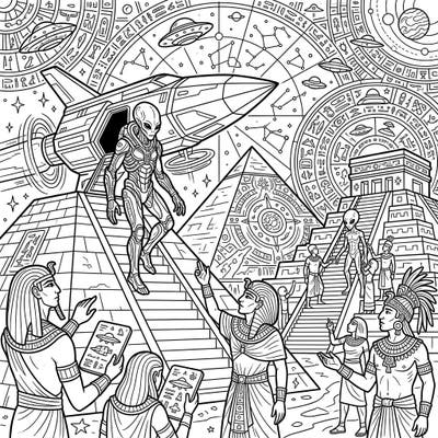 Dive into the enigmatic world of the Ancient Astronaut Theory with this captivating coloring page. Explore a scene where ancient civilizations meet advanced extraterrestrial beings and technology, sparking your imagination.