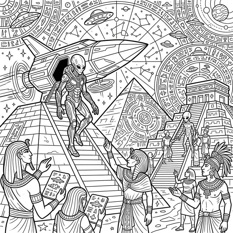 Dive into the enigmatic world of the Ancient Astronaut Theory with this captivating coloring page. Explore a scene where ancient civilizations meet advanced extraterrestrial beings and technology, sparking your imagination.