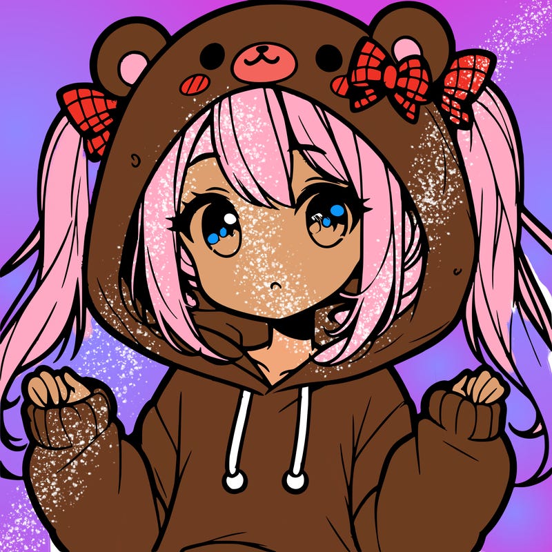 cute anime girl with ponytails and a cute bear hoodie