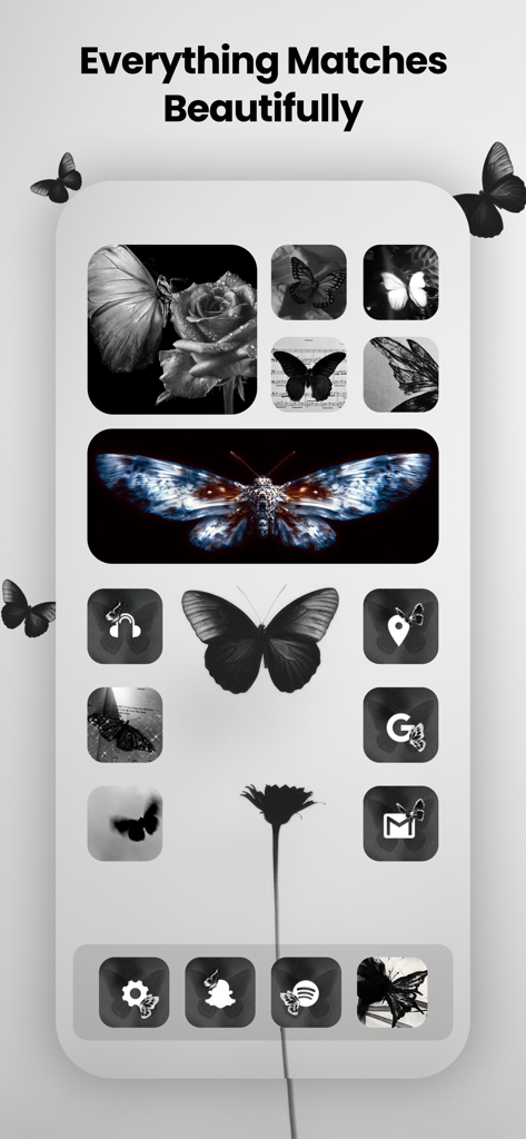 iPhone home screen featuring a black and white butterfly aesthetic theme with matching widgets and app icons.